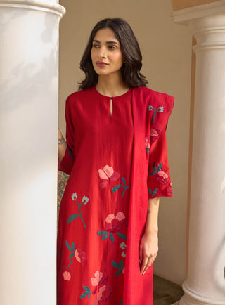 Cherry red applique kurta set
