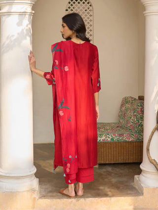 Cherry red applique kurta set