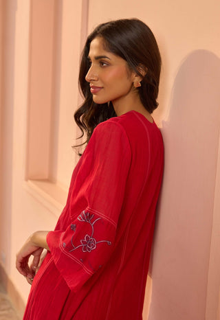 Cherry red embroidered tunic and pants