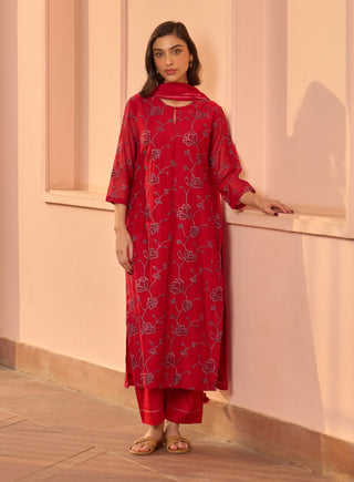 Cherry red cotton kurta set