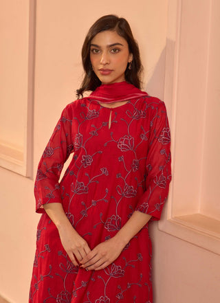 Cherry red cotton kurta set