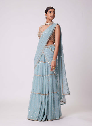 Powder blue multi-tier sari and blouse