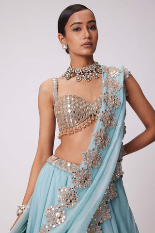 Powder Blue Organza Hand Embroidered Lehenga Set by Vvani By Vani Vats available on Indiaspopup.com