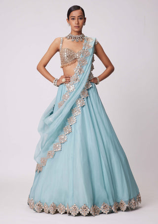 Powder Blue Organza Hand Embroidered Lehenga Set by Vvani By Vani Vats available on Indiaspopup.com