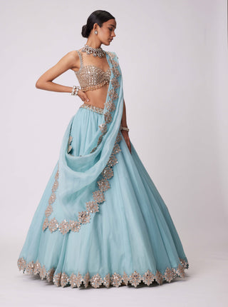 Powder Blue Organza Hand Embroidered Lehenga Set by Vvani By Vani Vats available on Indiaspopup.com