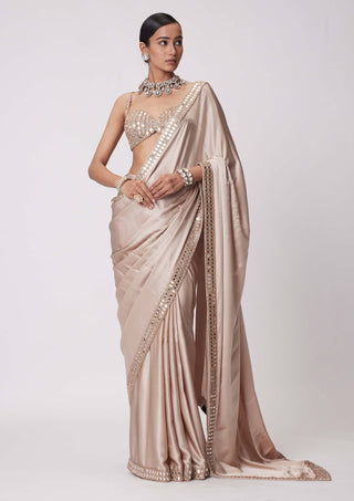 Light Beige Satin Sari And Blouse by Vvani By Vani Vats available on Indiaspopup.com