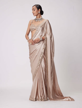 Light Beige Satin Sari And Blouse by Vvani By Vani Vats available on Indiaspopup.com