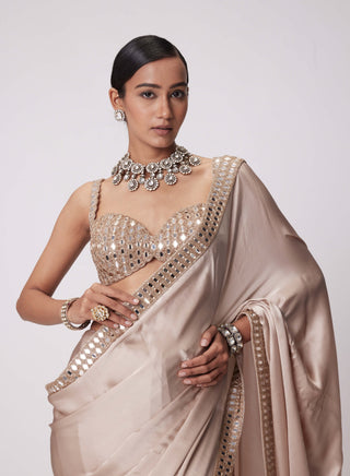 Light Beige Satin Sari And Blouse by Vvani By Vani Vats available on Indiaspopup.com