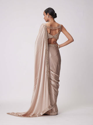 Light Beige Satin Sari And Blouse by Vvani By Vani Vats available on Indiaspopup.com