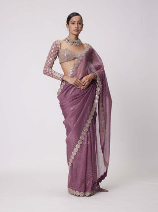 Mud mauve embroidered organza sari and blouse