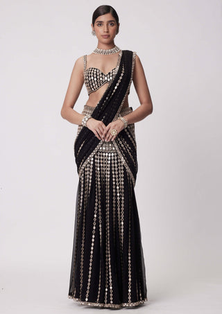 Black Pre-Draped Sari And Blouse by Vvani By Vani Vats available on Indiaspopup.com