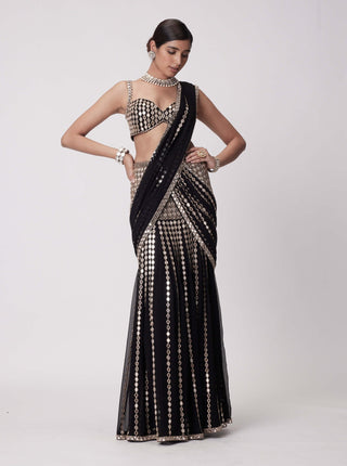 Black Pre-Draped Sari And Blouse by Vvani By Vani Vats available on Indiaspopup.com