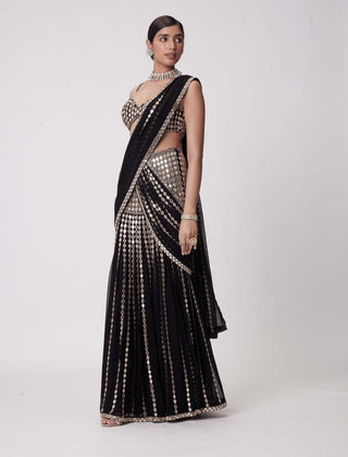 Black Pre-Draped Sari And Blouse by Vvani By Vani Vats available on Indiaspopup.com