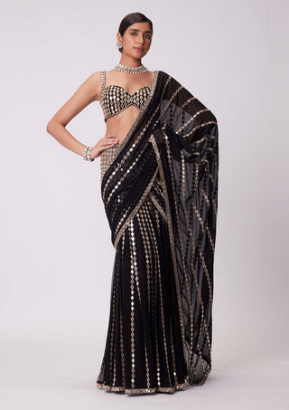 Black Pre-Draped Sari And Blouse by Vvani By Vani Vats available on Indiaspopup.com