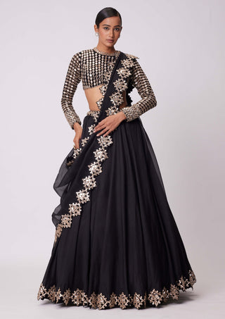 Black Organza Mirror Embroidered Lehenga Set by Vvani By Vani Vats available on Indiaspopup.com