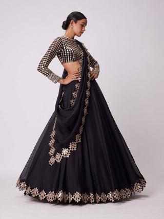 Black Organza Mirror Embroidered Lehenga Set by Vvani By Vani Vats available on Indiaspopup.com