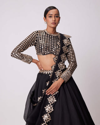 Black Organza Mirror Embroidered Lehenga Set by Vvani By Vani Vats available on Indiaspopup.com