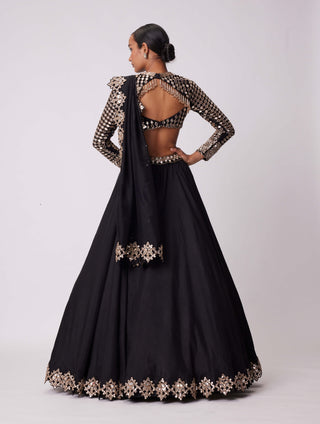 Black Organza Mirror Embroidered Lehenga Set by Vvani By Vani Vats available on Indiaspopup.com