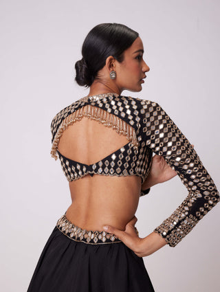 Black Organza Mirror Embroidered Lehenga Set by Vvani By Vani Vats available on Indiaspopup.com