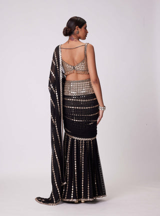Black pre-draped hand embroidered sari and blouse