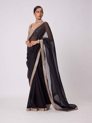 Black Organza Sari And Blouse by Vvani By Vani Vats available on Indiaspopup.com