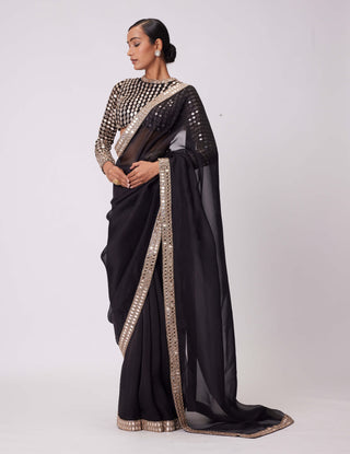 Black hand embroidered organza sari and blouse