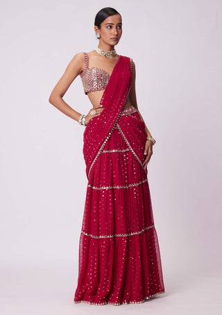 Crimson red sequin embroidered sari and blouse