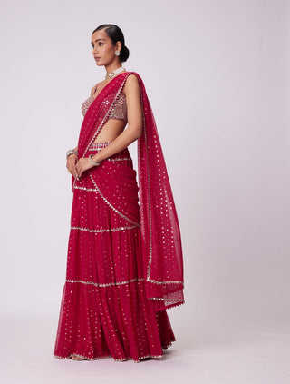 Crimson red sequin embroidered sari and blouse