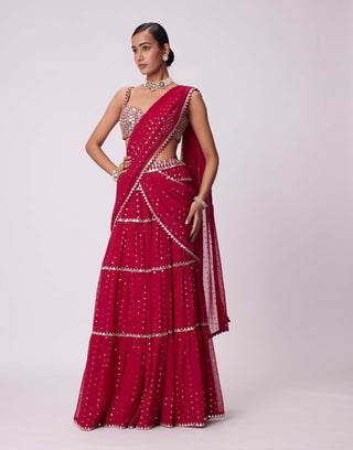 Crimson red sequin embroidered sari and blouse