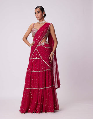 Crimson Red Sequin Embroidered Sari And Blouse by Vvani By Vani Vats available on Indiaspopup.com