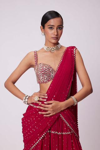 Crimson red sequin embroidered sari and blouse
