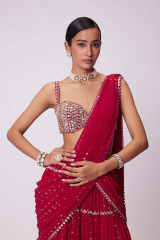 Crimson Red Sequin Embroidered Sari And Blouse by Vvani By Vani Vats available on Indiaspopup.com