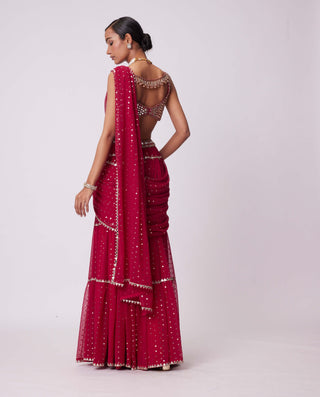 Crimson red sequin embroidered sari and blouse