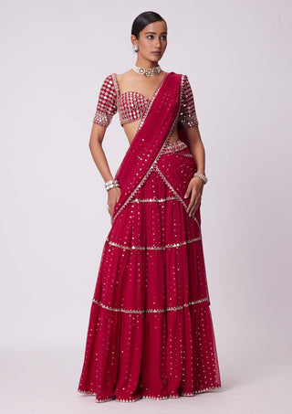 Crimson red multi-tier sari and blouse