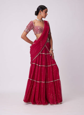 Crimson red multi-tier sari and blouse