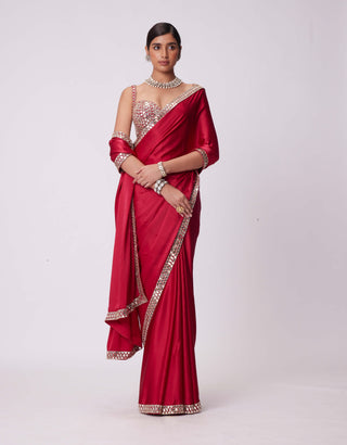 Crimson Red Satin Sari And Blouse by Vvani By Vani Vats available on Indiaspopup.com