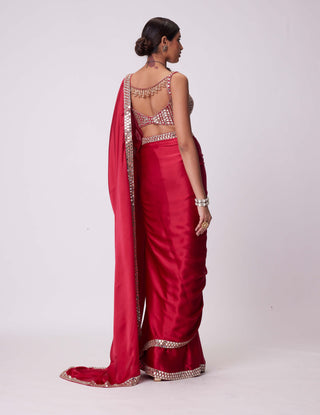 Crimson red satin sari and blouse