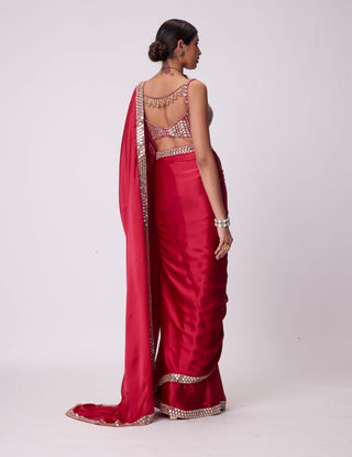 Crimson Red Satin Sari And Blouse by Vvani By Vani Vats available on Indiaspopup.com