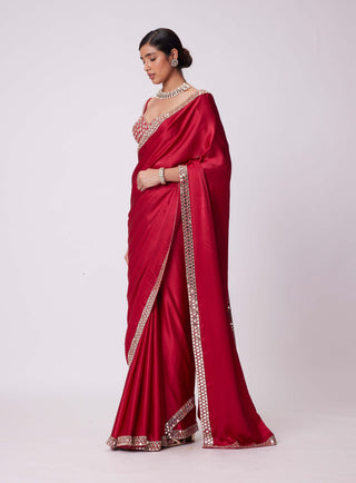 Crimson red satin mirror embroidered sari and blouse