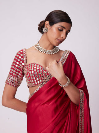 Crimson red satin mirror embroidered sari and blouse