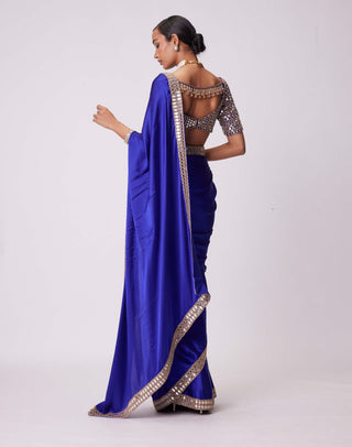 Persian blue mirror embroidered satin sari and blouse