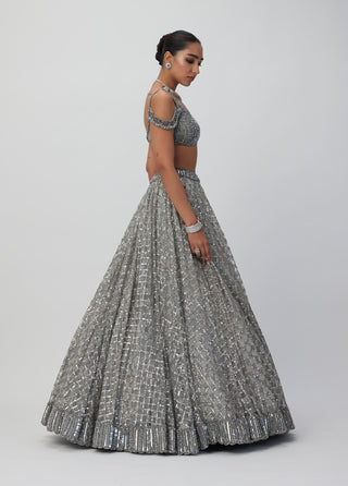 Crystal Gray Sequins Embroidered Lehenga Set by Vvani By Vani Vats available on Indiaspopup.com