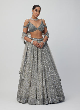 Crystal Gray Sequins Embroidered Lehenga Set by Vvani By Vani Vats available on Indiaspopup.com