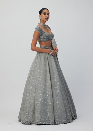 Crystal Gray Sequins Scattered Organza Lehenga Set by Vvani By Vani Vats available on Indiaspopup.com