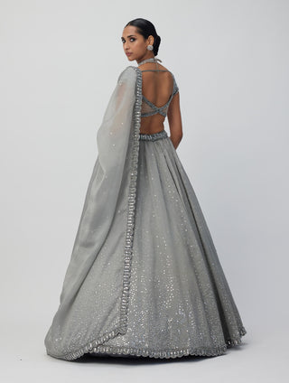 Crystal Gray Sequins Scattered Organza Lehenga Set by Vvani By Vani Vats available on Indiaspopup.com