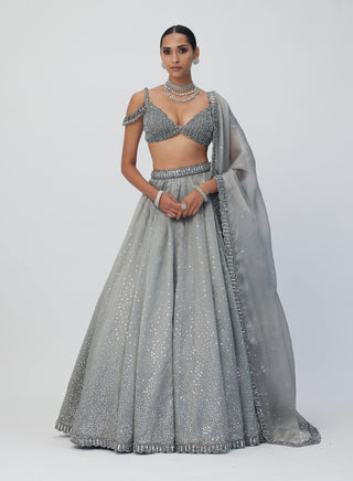 Crystal Gray Sequins Scattered Lehenga Set by Vvani By Vani Vats available on Indiaspopup.com