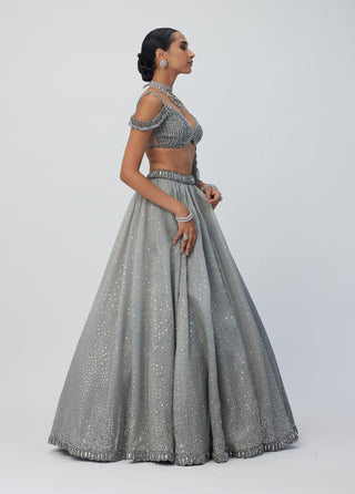 Crystal Gray Sequins Scattered Lehenga Set by Vvani By Vani Vats available on Indiaspopup.com