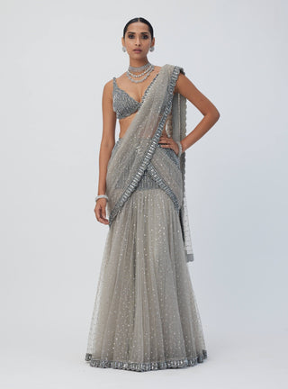 Crystal gray sequin scattered pre draped sari set