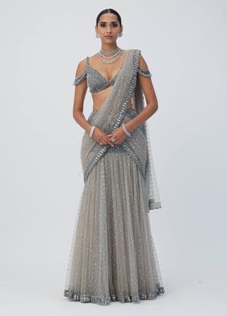 Crystal gray sequin scattered pre draped sari set