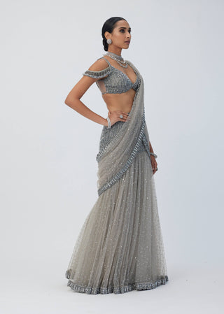 Crystal gray sequin scattered pre draped sari set